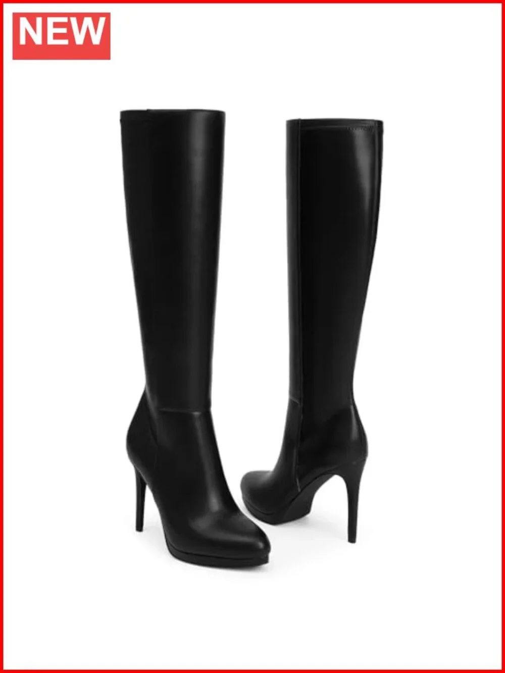 Knee High Platform Boots Women Round Toe Stiletto Heel Faux Leather